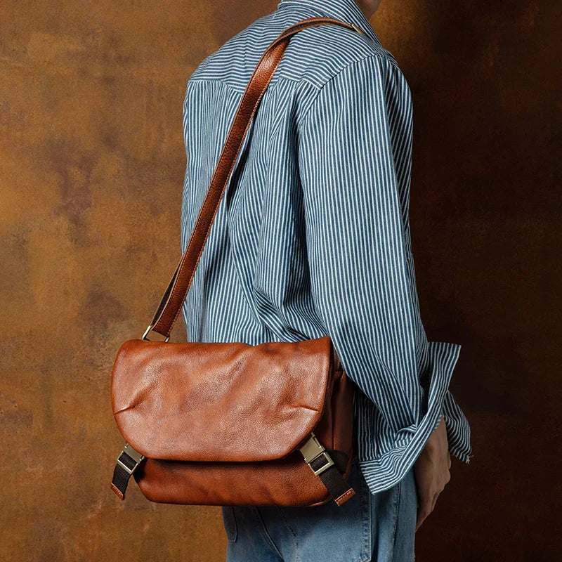 Functional Messenger Bag MEN'S Ins Tide Leather Shoulder Bag Retro MEN'S Casual Vegetable Tanned Leather Messenger Bag