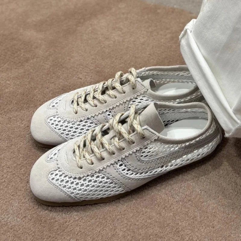 MORAZORA INS Fashion Suede Leather Women Sneakers Lace Up Mesh Breathable Cut Outs Flat Shoes Summer Casual Shoes Female