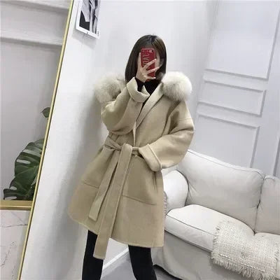 2024 New Woolen Coat Oversize Ladies Outerwear Winter Women Natural Fox Fur Collar Cuffs Jacket Hood Cashmere Wool