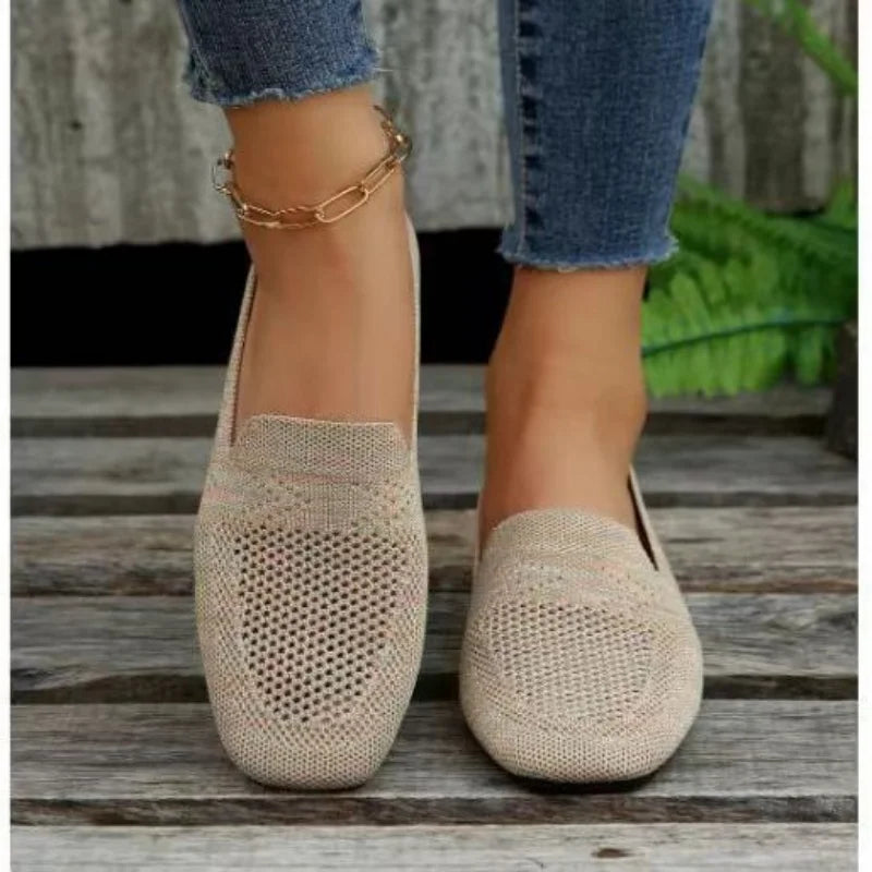 Flat Mesh Knitted Striped Flats Shoes for Women Autumn New Light Slip on Flat Casual Shoes Ladies Square Toe Breathable Sneakers