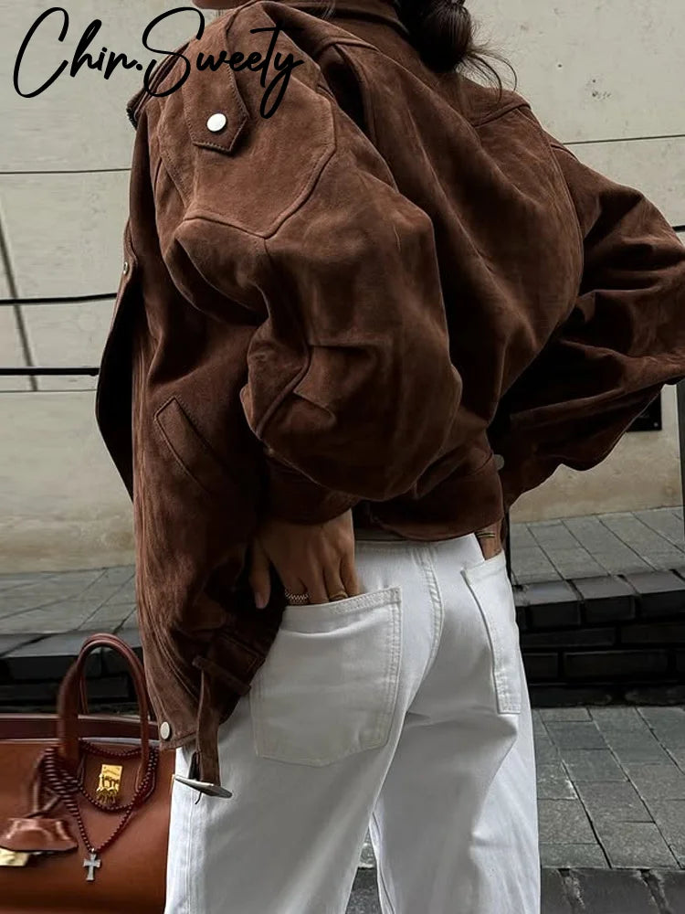 Vintage Women's Belt Short Suede Jackets Loose Lapel Zipper Full Sleeve Zipper Coat Female 2025 Autumn Lady Commute Outwear