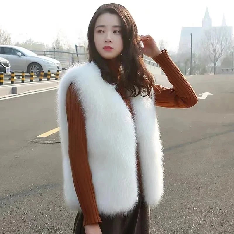 Women Fur Vest 2022 New Autumn Female Waistcoat Faux Fox Fur Coat Warm White Black Gray Jacket Large Size 3XL Sleeveless Coat