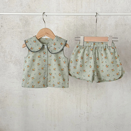 Ins New Korean Version Girl Baby Pure Cotton Floral Doll Collar Cardigan Shirt Loose Bread Shorts Set