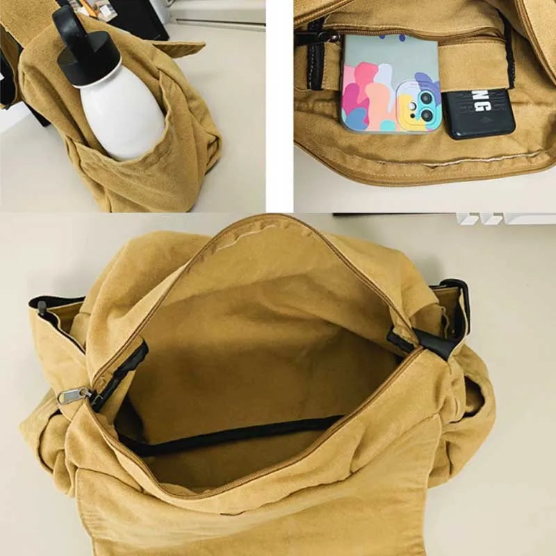 Casual Canvas Messenger Bag Versatile Flip Large Capacity Shoulder Book Bag For Student Adjustable Crossbody Bag For Men Women