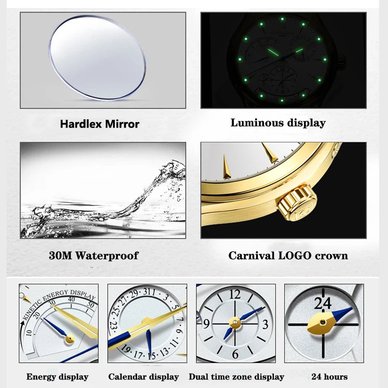 CARNIVAL Kinetic Energy Dual Time Display Mechanical Watches Men Top Luxury Brand Sports Automatic Waterproof Men Watch Reloj