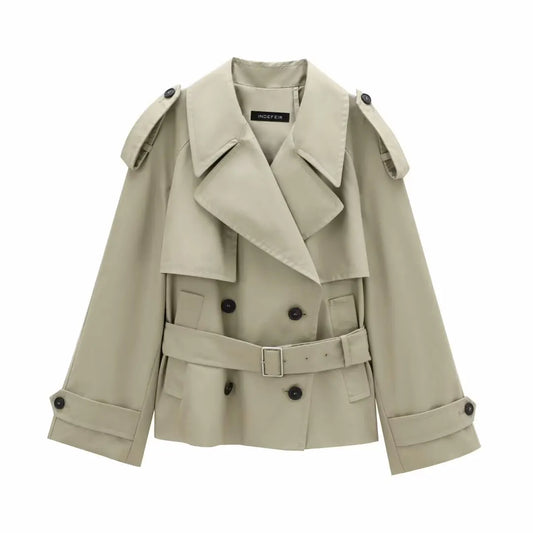 PB&ZA Women 2024 Autumn New Fashion Short Trench Coat Retro Long Sleeve Button Casual Outerwear Chic Overcoat