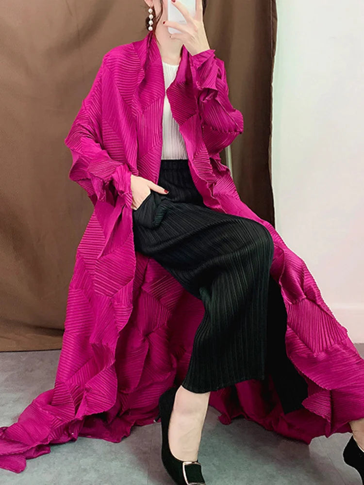 Miyake Pleated Long Trench Coat Women 2025 Spring Lapel Solid Color Long Sleeve Loose Casual Female Fashion Windbreaker