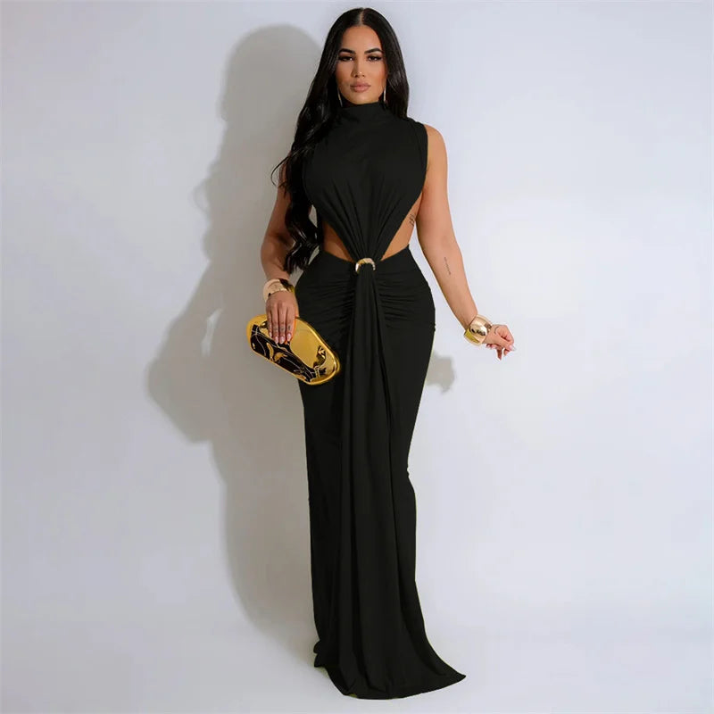 Elegant Celebrity Mermaid Maxi Dress Women Birthday Night Party Evening Prom Metal Ring Cutout Ruched Ribbon Formal Long Dresses
