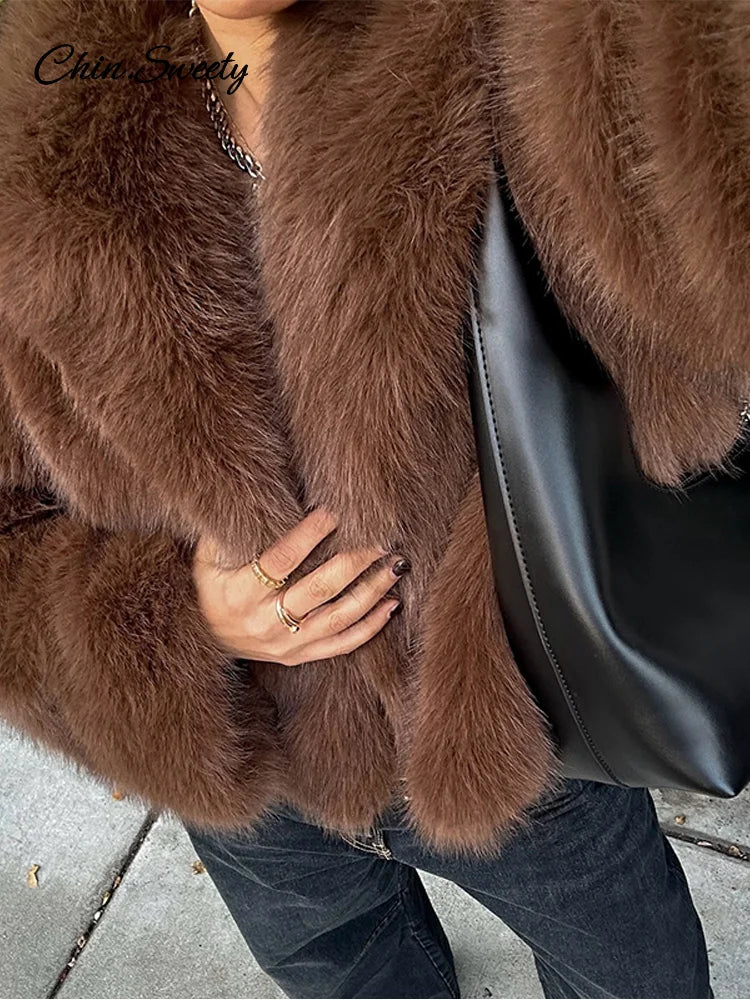 Brown Lapel Faux Fur Short Coat Women Fluffy Long Sleeve Warm Thick Loose Jacket 2025 Autumn Winter Lady High Street Outwear ﻿