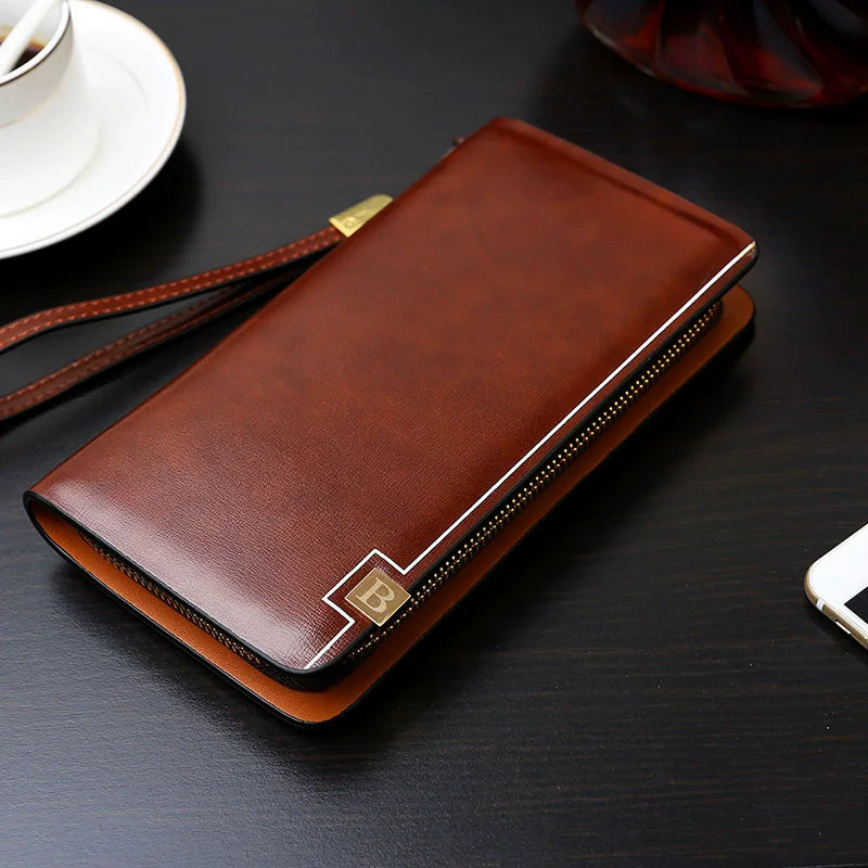 Luxury Brand Men Clutch Bag Leather Long Purse Double Zipper Business Wallet For Husband Gift Black Brown Male Casual Handy Bag
