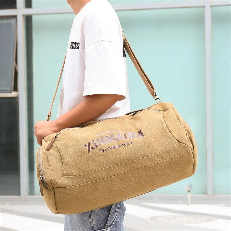 Male Travel Bags Large Capacity Canvas Bag Men Fitness Sports Training Handbag with Shoes Pocket Khaki Shoulder Bags XM332