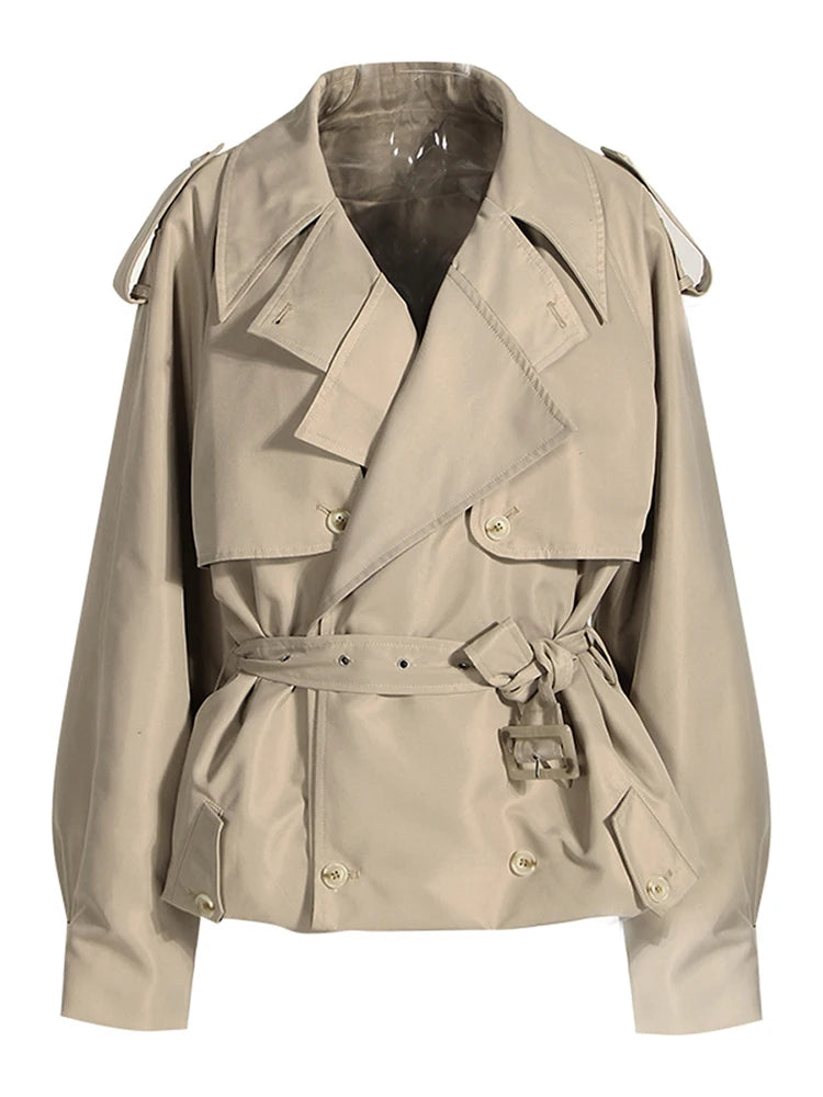 DEAT Fashion Women Cotton Trench Coat Lapel Raglan Sleeve Double Breasted Solid Color Short Windbreaker Autumn 2025 New 7AB1302