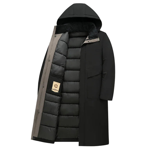 Business Parka Winter Fleece Long Jacket with Hood Windbreaker Mens Coats Casual Thicken Warm Men Long Outwear Clothing Overcoat