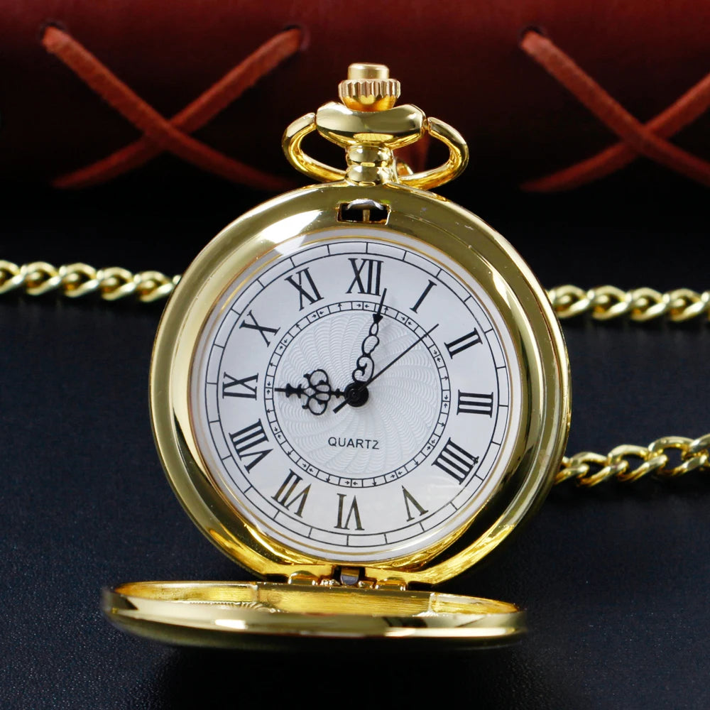 Gold Smooth Simple Digital Display Quartz Pocket Watch Vintage Exquisite Chain Bracelet Necklace Men's and Women's Gift