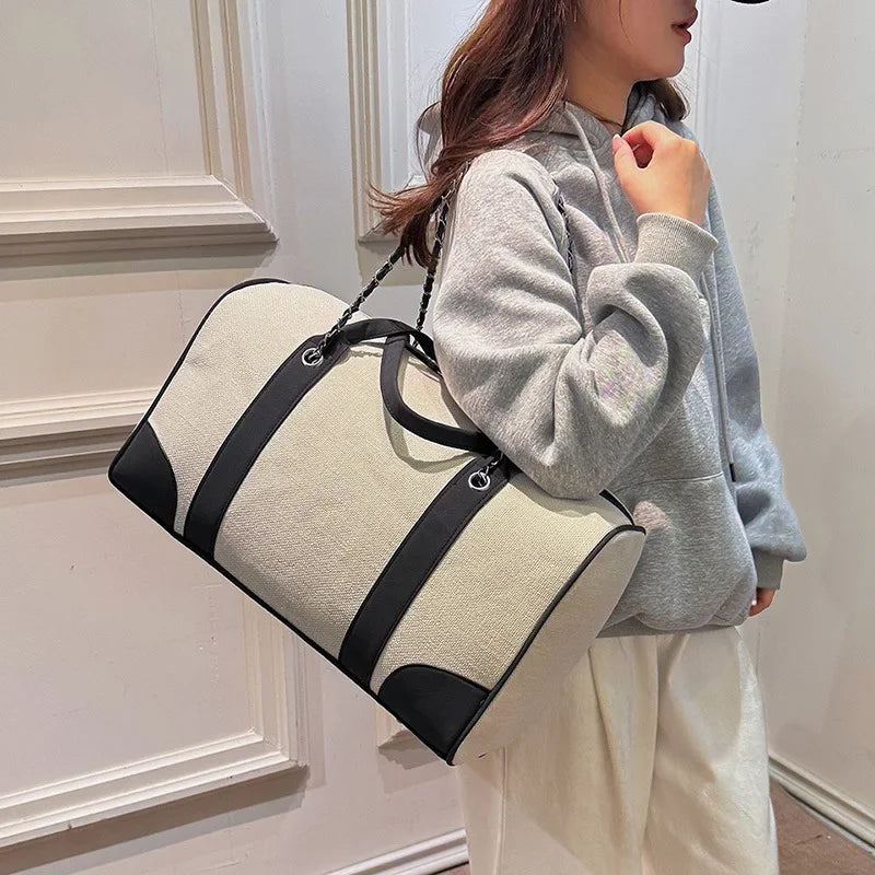 2025 New Commuter Travel Women's Bag Large Capacity Canvas Handbags Simple Fashion Shoulder Bag Luxury Chain Tote Bag