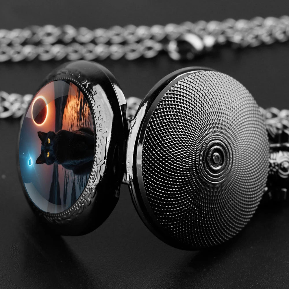Halloween Black Cat Design Glass Dome Fashion Arabic Numerals Quartz Pocket Watch Necklace Pendant Chain Mens Women Gifts