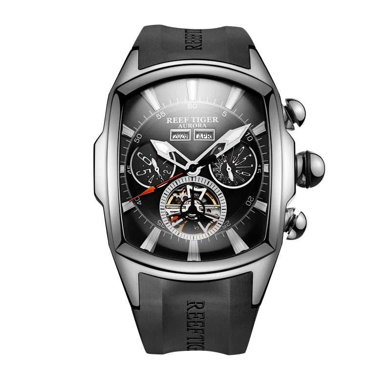 Reef Tiger/RT Designer Sport Watches with Tourbillon Stainless Steel Rubber Strap Blue Dial Automatic Watches RGA3069