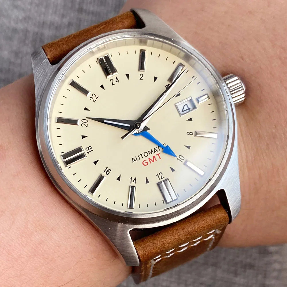 Tandorio Japan NH34 Automatic Mechanical Watch for Men Diver GMT Movement 200M Waterproof 39mm Sapphire Crystal Leather Band