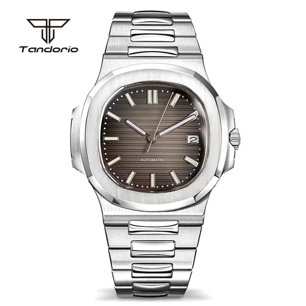 Tandorio Square 40mm Men's Stainless Steel NH35 Automatic Watch Multicolor Dial Sapphire Date Brushed Mechanical Wristwatch Lume