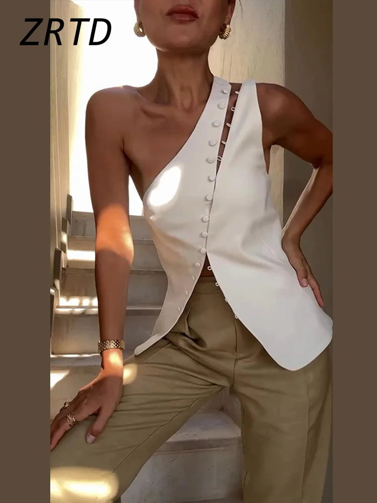 Elegant Women's One Shoulder Waistcoats Slim Skew Collar Sleeveless Single Breasted Split Vests 2025 Summer Lady Street Outwear