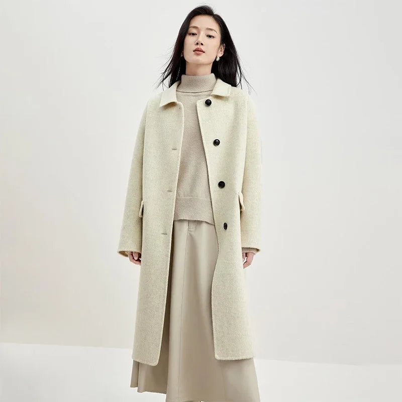 SENTUBILA Double-faced Woolen Long Jacket For Women 2025 Winter 100% Wool Coat Simple Comfortable Warm Lapel Overcoat W34O49911