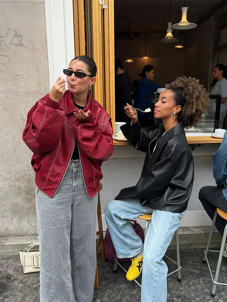 Women Red Lapel Zipper Leather Cropped Coat 2025 Chic Retro Loose Casual Short Jackets Autumn Fashion Motorcycle Leather Tops