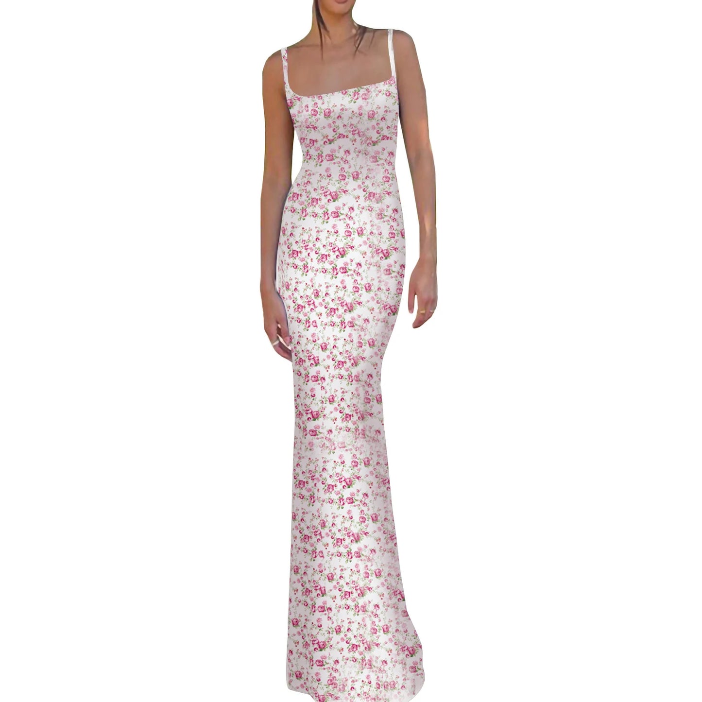 Women Chic Tube Backless Dress Spaghetti Strap Satin Elegant Maxi Bodycon Long Dress Y2K Floral Printed Sundress Streetwear