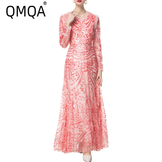 QMQA Fashion Women's Luxury Sequin Dress V-neck Long Sleeved High Waist Slimming Elegant Banquet Evening Dresses 2025 New QM167