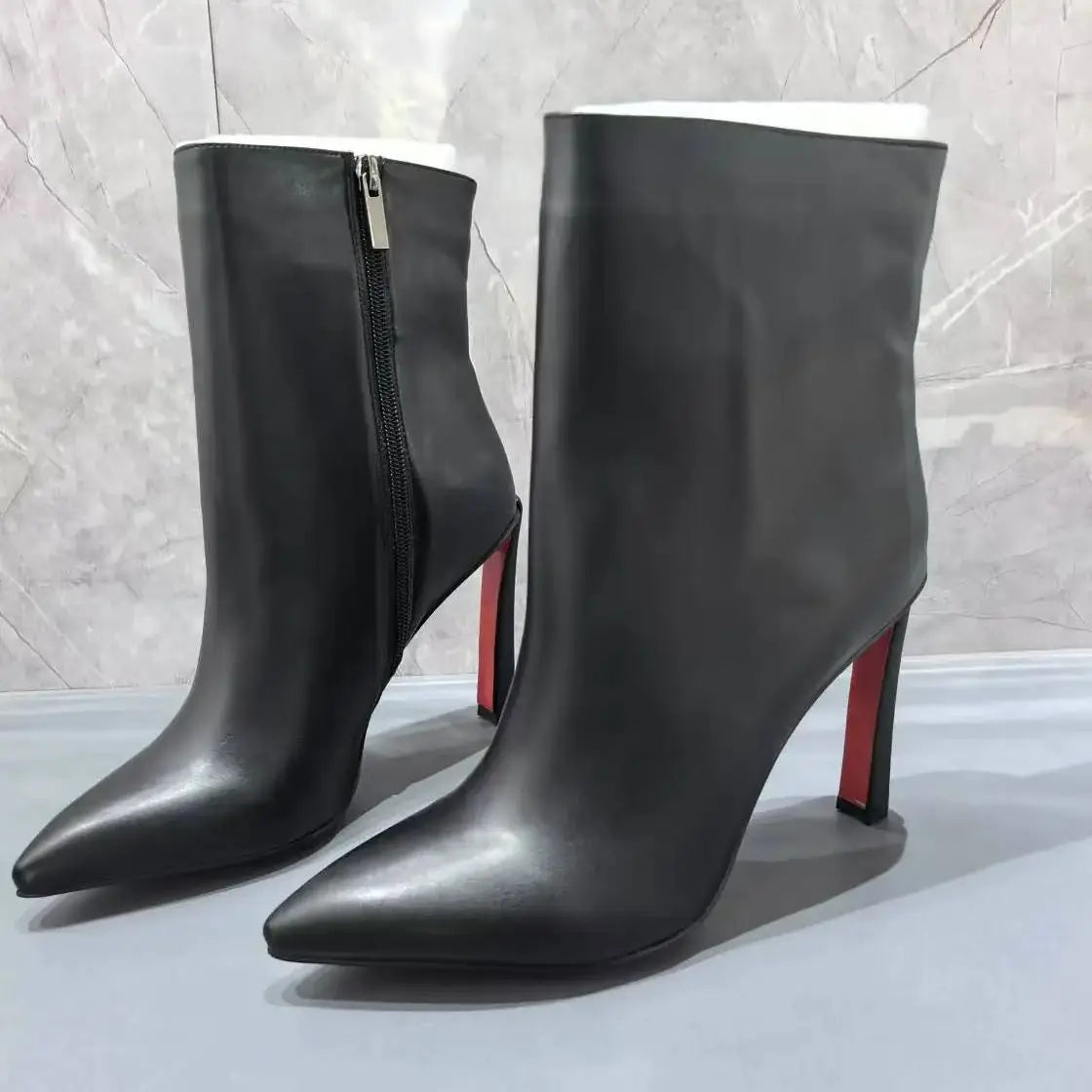 Pointed Toe Black Leather Botas De Mujer Red Sole Mid-Calf Boots For Women Back Zipper Office Lady Career Shoes Female High Heel
