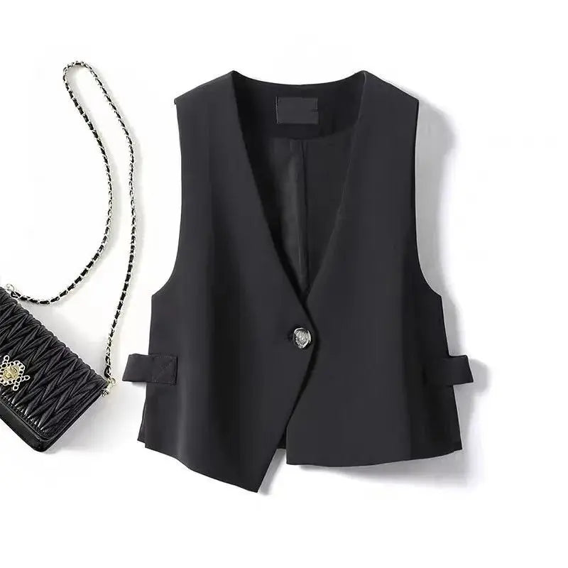 QNQO Black Vest for Women Single Button V-Neck Casual Tops 2024 Summer New Shrug Office Lady Fashion Sleeveless Female Crop Top