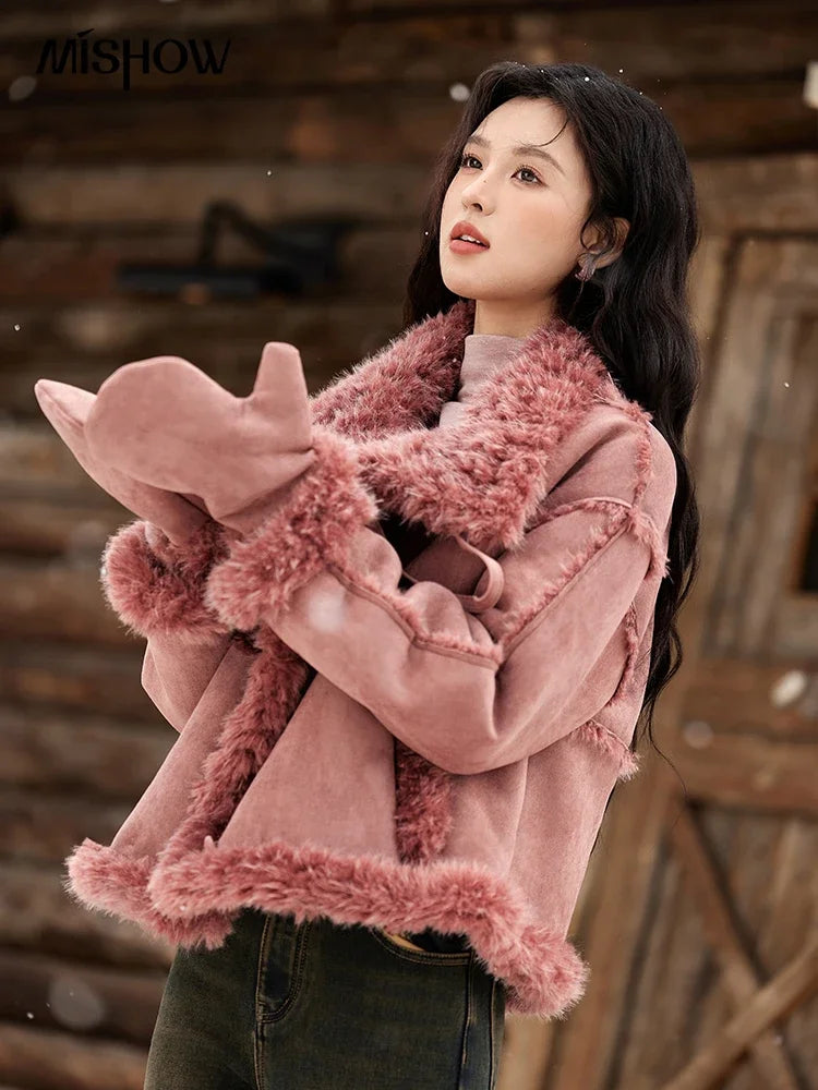 MISHOW Leather Fur Coat Lamb Wool Jacket Women Suede Plush Thickened Leather Button Spliced Clothes Wind Resistance MXD59W0746