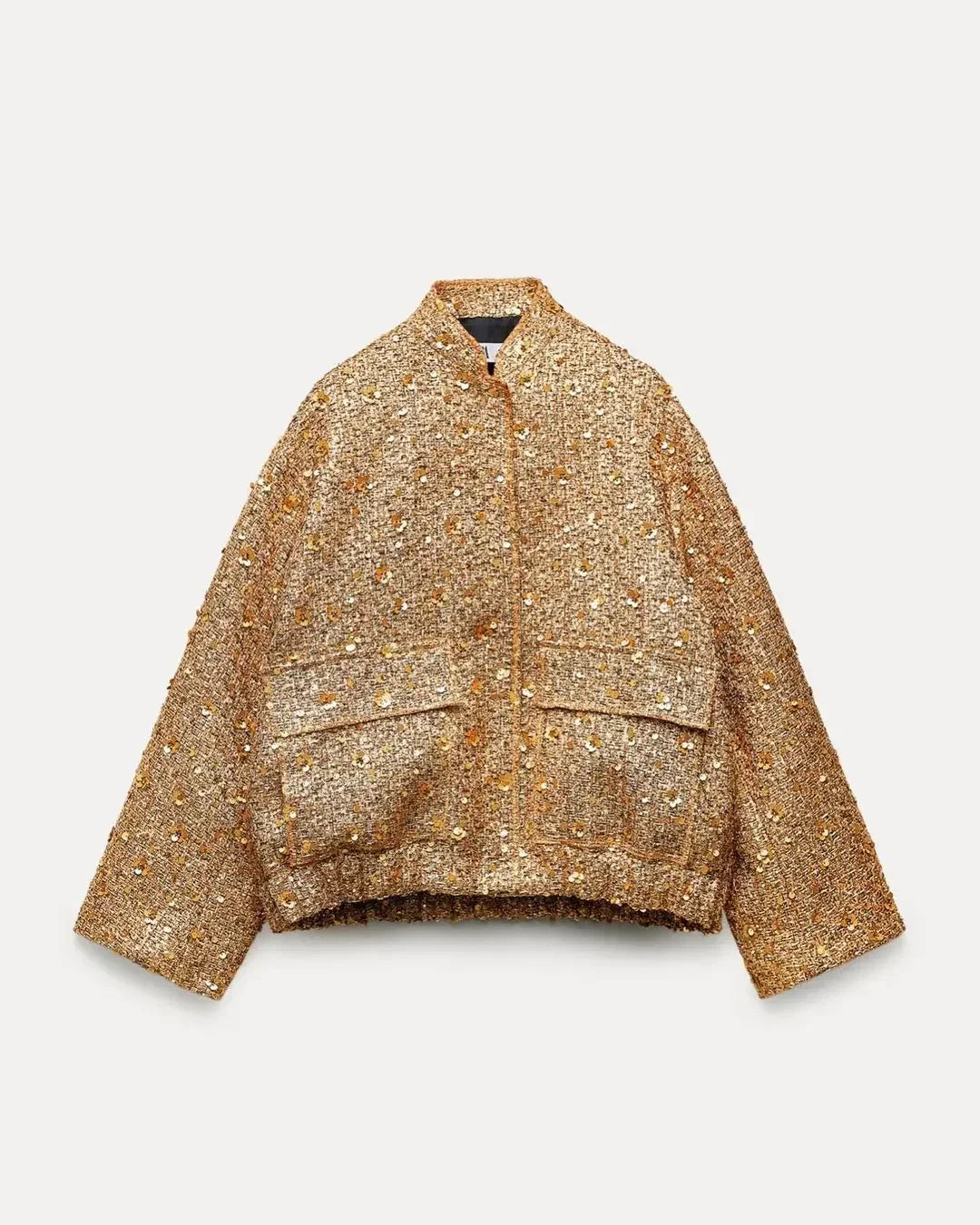 Jinia trendy sequins gold jacket for women 2024 loose stand collar long sleeve club jacket 2024 autumn office ladies outwear