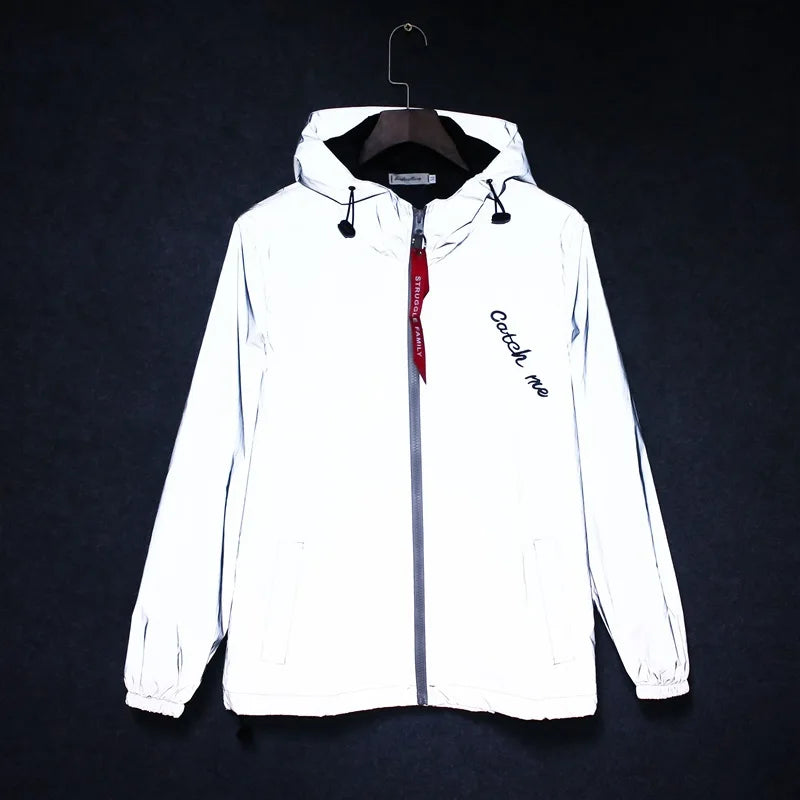 New Men's Full Reflective Waterproof Jackets Casual Women Windbreaker Hip Hop Hooded Autumn Printed Streetwear Night Shiny Coats