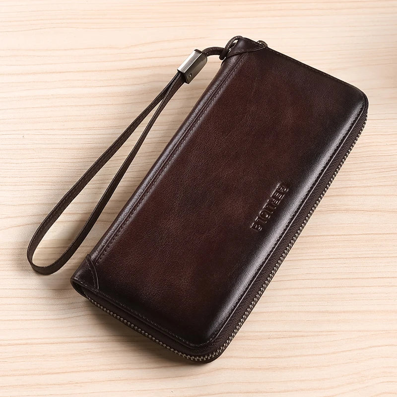 Men's leather wallet long new soft cowhide handbag travel light luxury simple large capacity anti-theft brush gradient color yel
