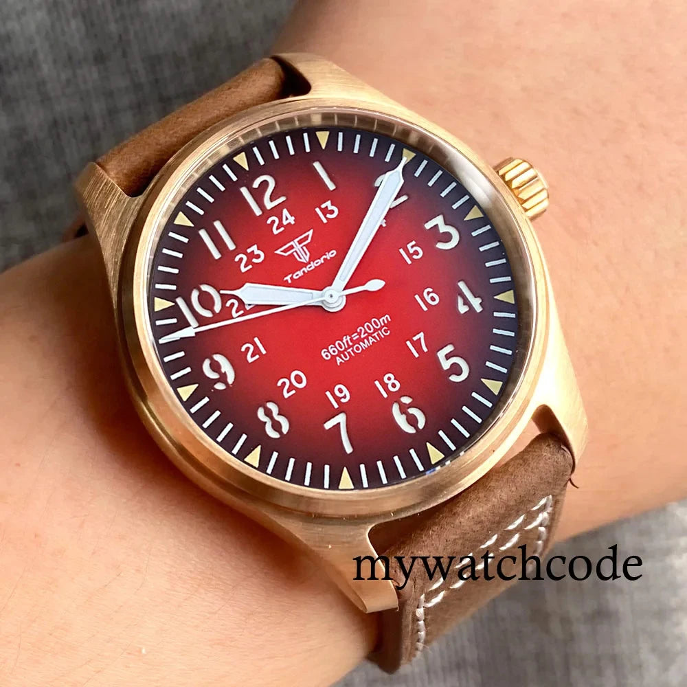 Tandorio CuSn8 Real Bronze NH35A PT5000 Dive Mechanical Watch Men Vintage Pilot Wristwatch 20bar Sport Clock Sunburst Green/Red