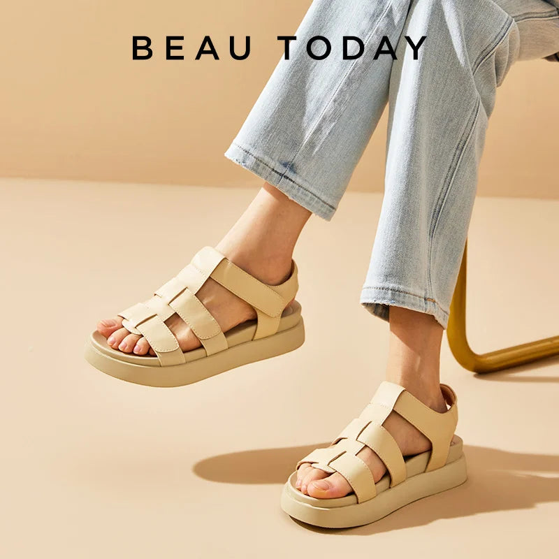 BEAUTODAY Gladiator Sandals Women Genuine Cow Leather Flats Open Toe Ankle Strap Summer Casual Ladies Platform Shoes 34560