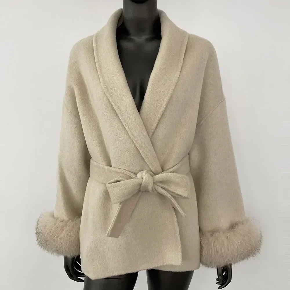Winter Temperament Short and Long Real Wool Coat Removable Cuffs Fox Fur Jacket Cashmere Coat Double-sided Woolen Jacket Women