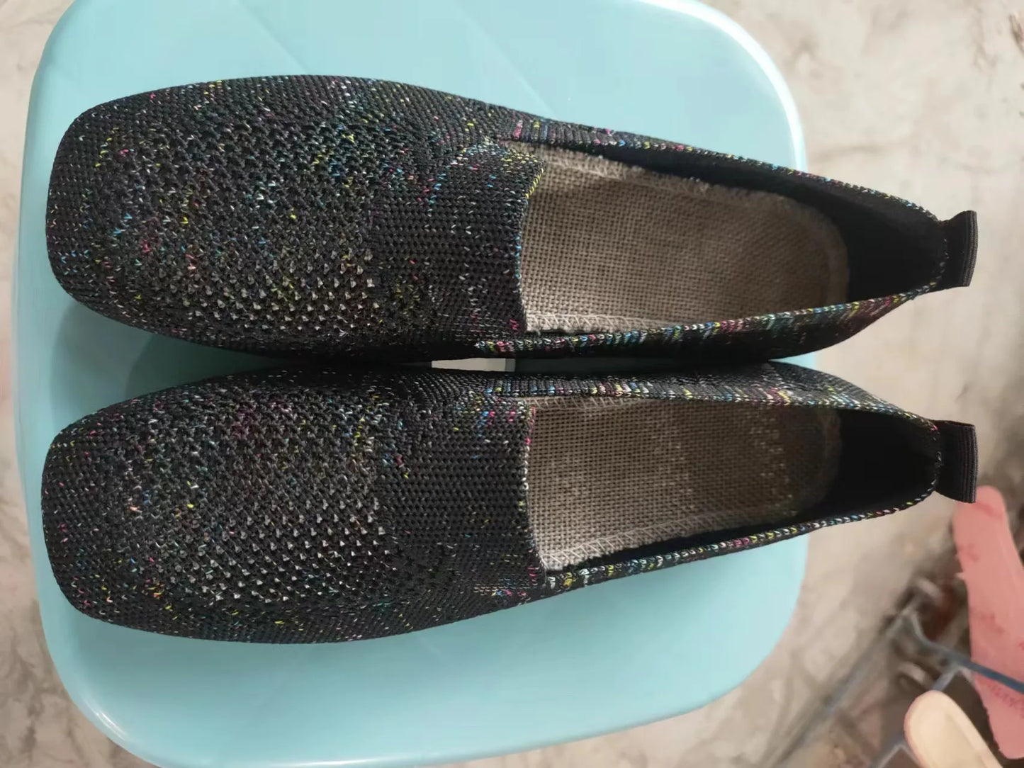 Flat Mesh Knitted Striped Flats Shoes for Women Autumn New Light Slip on Flat Casual Shoes Ladies Square Toe Breathable Sneakers