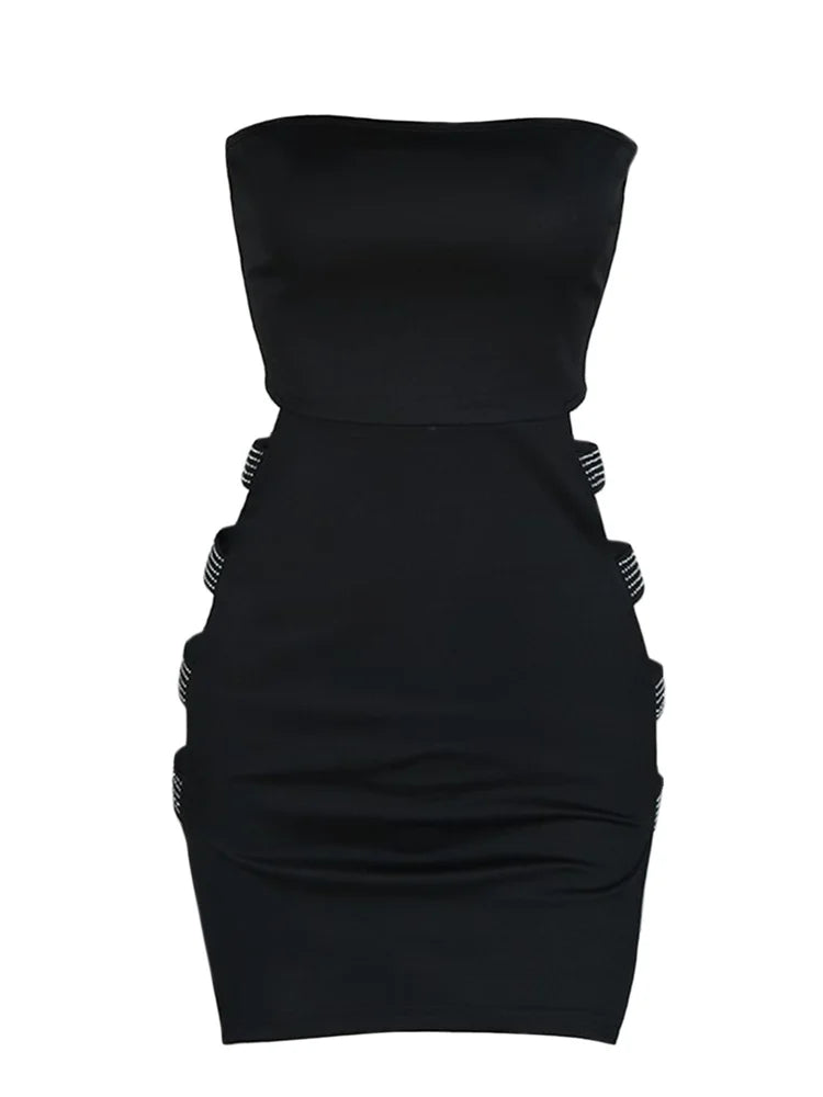 Women Sexy Pencil Dress Strapless Rhinestone Hollow Out Bodycon Short Dress Evening Party Club Elegant Summer Dresses