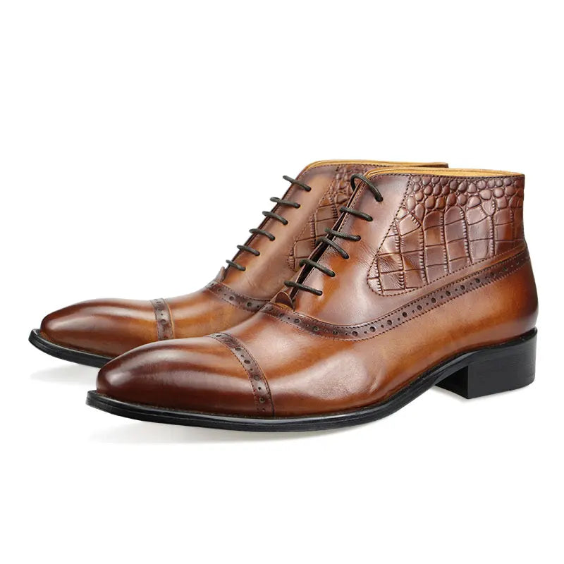 Fashion High Ankle Boots For Men Genuine Leather Luxury Printing Business Dress Shoe Pointed Toe Retro Classic Brown Male's Boot
