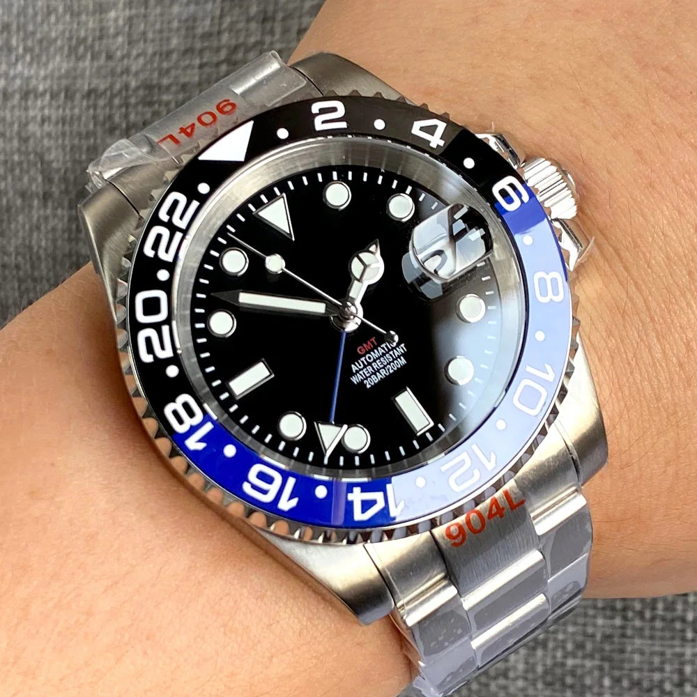 Tandorio 40mm NH34A Men's Automatic Watch GMT Function Luminous Black Dial Sapphire Crystal Auto Date Bracelet Rotating Bezel