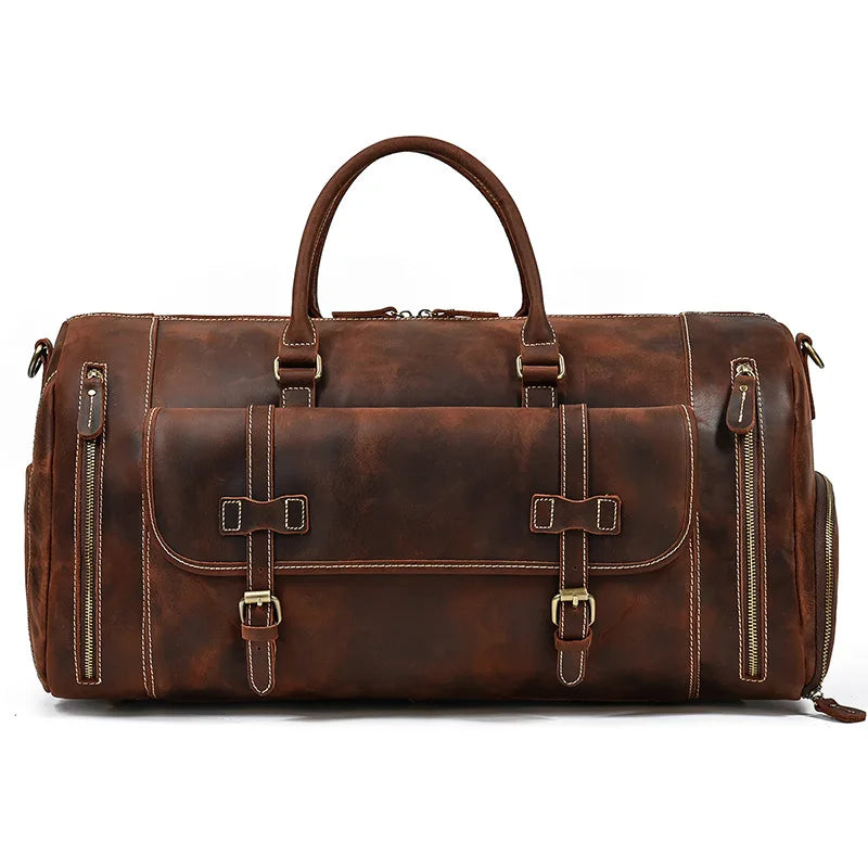Genuine Leather Men's Travel Bag with Shoe Pocket Retro Crazy Horse Leather Big Capacity Luggag Bag Business Trip Handbag