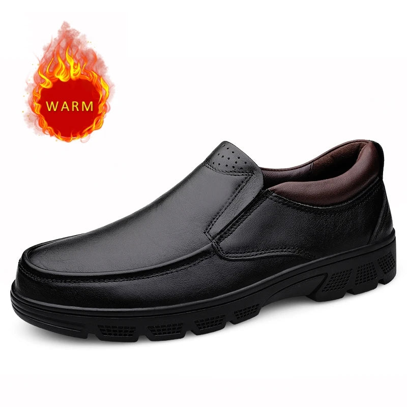 Classic Brand Men's Genuine Leather Casual Shoes Thick Soled Winter Plush Cotton Shoes Men's Outdoor Commuting Work Shoes