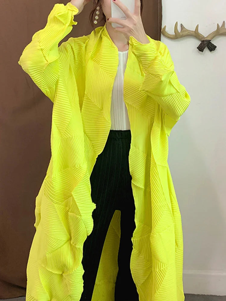 Miyake Pleated Long Trench Coat Women 2025 Spring Lapel Solid Color Long Sleeve Loose Casual Female Fashion Windbreaker