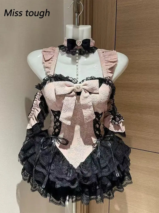 Gothic Lolita Lace Dress Women Vintage Sweet Bow Corset Mini Dress Puff Sleeves Black Pink Ruffle Trim Princess Party Outfit New