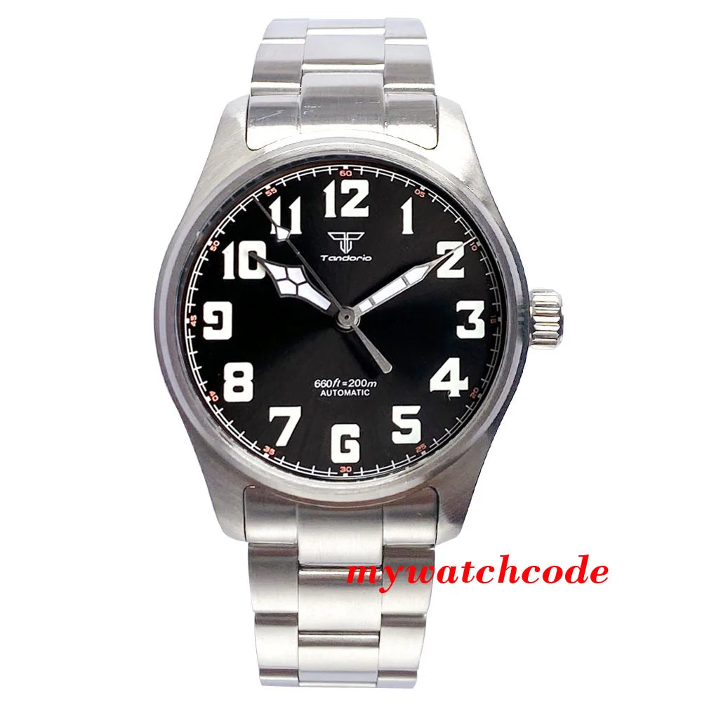 Waterproof Vintage Pilot Watch Tandorio Black NH35 Mechanical Clock Men Arabic Numerals 39mm Sport Clock Reloj Hombre Big Crown