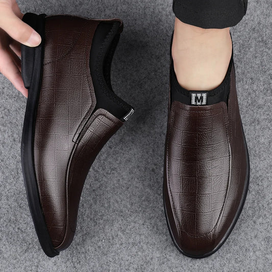 Genuine Leather Business Shoes Flat Slip-on Leather Mens Casual Shoes Senior Brand Male Footwear Mid Top Loafers Black and Brown