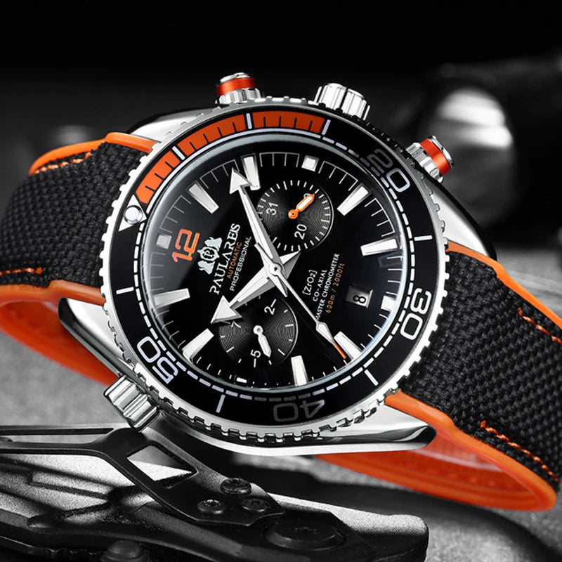 PAULAREIS P Luxury Men Automatic Self Wind Mechanical Watch for Men Rubber Strap Waterproof Luminous Date Fashion Mens Watches