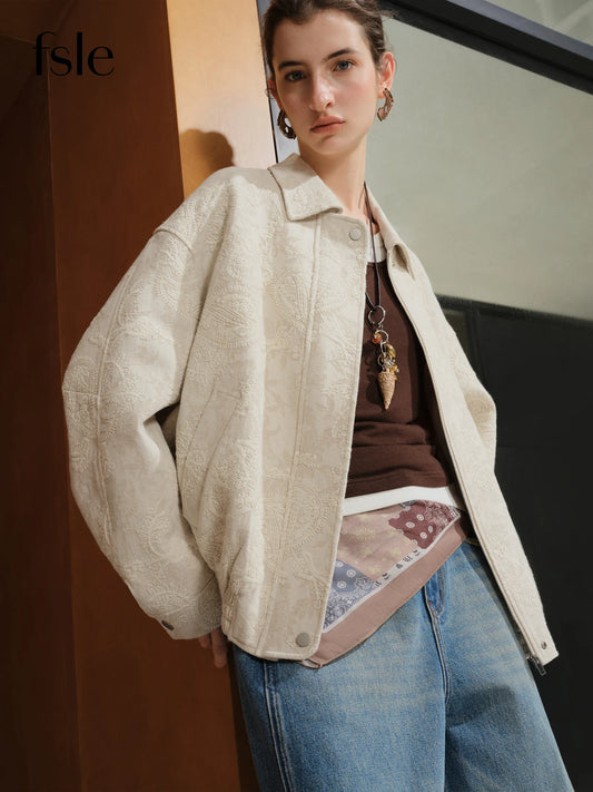 FSLE【Premium Series】 Retro Cashew Flower Casual Jacket Linen Coat Women 2025 Autumn 25FE13039