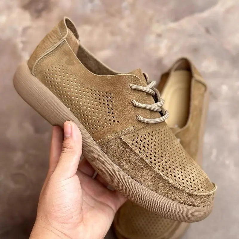 Wide toe hollow natural leather shoes men's 2025 summer new cowhide punched breathable soft leather soft sole singlecasual shoes